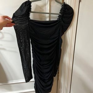 Flattering little black bodycon dress - puff sleeves, square neckline